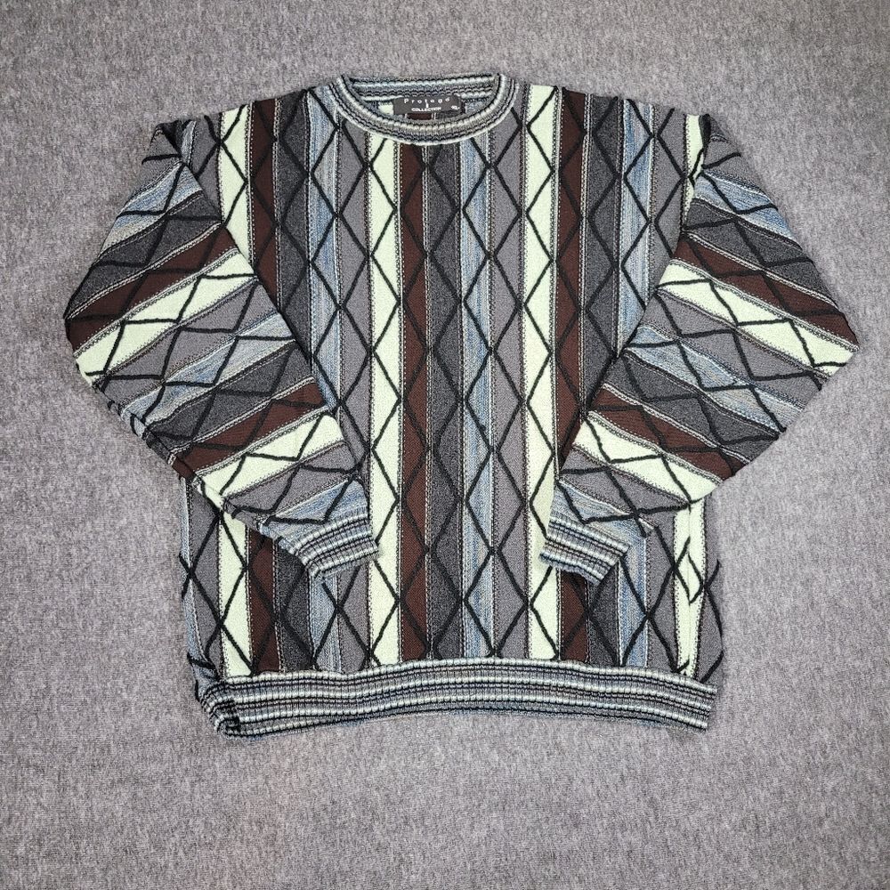 Vintage Protege Coogi Style 3D Knit Textured Sweater XL Brown Green Cosby Biggie